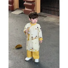 Áo dài cách tân cho bé, set cặp áo dài lụa họa tiết anh em cho bé trai và bé gái 10-30kg