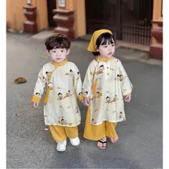 Áo dài cách tân cho bé, set cặp áo dài lụa họa tiết anh em cho bé trai và bé gái 10-30kg