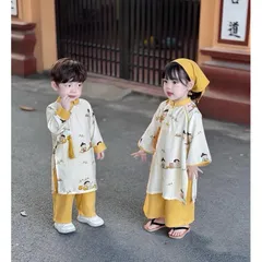 Áo dài cách tân cho bé, set cặp áo dài lụa họa tiết anh em cho bé trai và bé gái 10-30kg