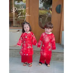 Áo dài cách tân cho bé, set cặp áo dài lụa họa tiết anh em cho bé trai và bé gái 10-30kg