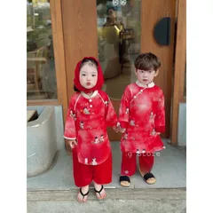 Áo dài cách tân cho bé, set cặp áo dài lụa họa tiết anh em cho bé trai và bé gái 10-30kg