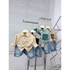 Quần áo bé trai, set bộ áo sơ mi dài tay kẻ đứng phối quần Jean cào rách sành điệu cho bé 10-30kg
