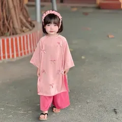 Áo dài cách tân cho bé gái, set áo dài lụa đính nhiều nơ TẶNG KÈM BỜM cho bé 10-20kg