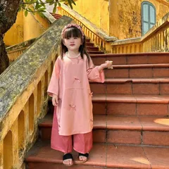 Áo dài cách tân cho bé gái, set áo dài lụa đính nhiều nơ TẶNG KÈM BỜM cho bé 10-20kg