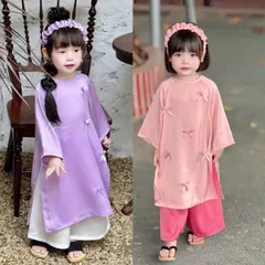 Áo dài cách tân cho bé gái, set áo dài lụa đính nhiều nơ TẶNG KÈM BỜM cho bé 10-20kg