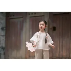 Áo dài cách tân cho bé, set bộ pháp phục áo voan tơ 2 lớp kèm quần lụa vân hoa cho bé gái 10-20kg