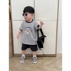 Quần áo bé trai, set bộ áo cotton kẻ ngang gấu ANOY CAPTAIN kèm quần short tổ ong cho bé 8-27kg