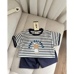 Quần áo bé trai, set bộ áo cotton kẻ ngang gấu ANOY CAPTAIN kèm quần short tổ ong cho bé 8-27kg
