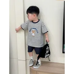 Quần áo bé trai, set bộ áo cotton kẻ ngang gấu ANOY CAPTAIN kèm quần short tổ ong cho bé 8-27kg
