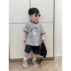 Quần áo bé trai, set bộ áo cotton kẻ ngang gấu ANOY CAPTAIN kèm quần short tổ ong cho bé 8-27kg