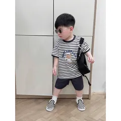 Quần áo bé trai, set bộ áo cotton kẻ ngang gấu ANOY CAPTAIN kèm quần short tổ ong cho bé 8-27kg