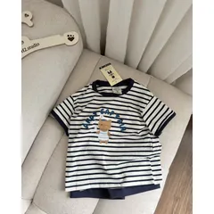 Quần áo bé trai, set bộ áo cotton kẻ ngang gấu ANOY CAPTAIN kèm quần short tổ ong cho bé 8-27kg