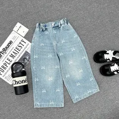 Quần dài bé gái, quần Jean ống rộng hoạ tiết nơ in tràn cho bé 10-32kg