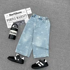 Quần dài bé gái, quần Jean ống rộng hoạ tiết nơ in tràn cho bé 10-32kg