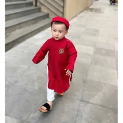 Áo dài cách tân cho bé trai, set áo dài 3ct: áo dài Tafta quần lụa và khăn vấn cho bé 10-30kg