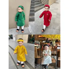 Áo dài cách tân cho bé trai, set áo dài 3ct: áo dài Tafta quần lụa và khăn vấn cho bé 10-30kg