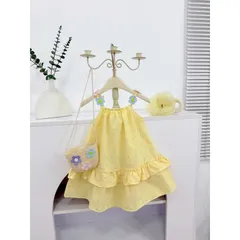 Váy bé gái, váy maxi vàng tặng túi cói cho bé 10-35kg