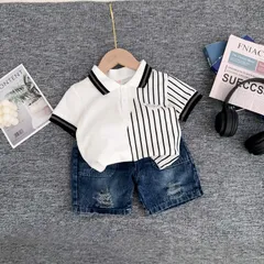 Quần áo bé trai, set bộ áo polo phối kẻ Logo ngực kèm quần short Jean cho bé 10-30kg