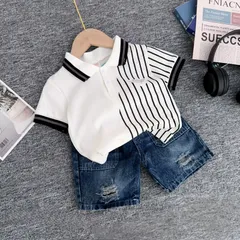 Quần áo bé trai, set bộ áo polo phối kẻ Logo ngực kèm quần short Jean cho bé 10-30kg