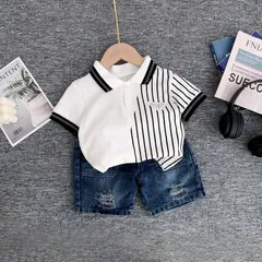 Quần áo bé trai, set bộ áo polo phối kẻ Logo ngực kèm quần short Jean cho bé 10-30kg
