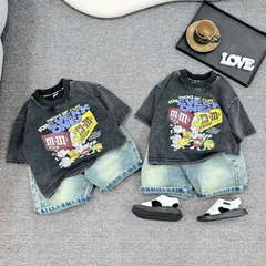 Quần áo bé trai, set bộ cộc tay áo Jean loang họa tiết M’s M’s kèm quần Jean ngố cho bé 10-35kg