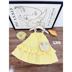 Váy bé gái, váy maxi vàng tặng túi cói cho bé 10-35kg