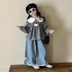 Quần áo bé gái, set bộ áo thô đũi kẻ caro kèm quần jean ống rộng cho bé 10-20kg