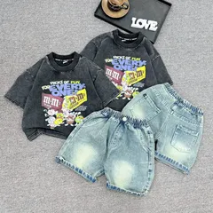 Quần áo bé trai, set bộ cộc tay áo Jean loang họa tiết M’s M’s kèm quần Jean ngố cho bé 10-35kg