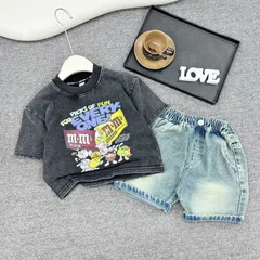 Quần áo bé trai, set bộ cộc tay áo Jean loang họa tiết M’s M’s kèm quần Jean ngố cho bé 10-35kg