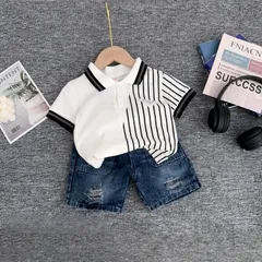 Quần áo bé trai, set bộ áo polo phối kẻ Logo ngực kèm quần short Jean cho bé 10-30kg