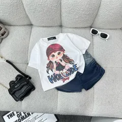 Quần áo bé gái, set bộ cộc tay áo cotton họa tiết cô gái Wollode phối quần short rúm 2 bên hông cho bé 10-30kg