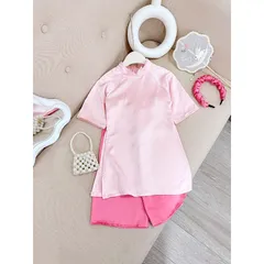 Áo dài cách tân bé gái, set 3ct áo dài cách tân lụa vân hoa HB kèm bờm cho bé 10-30kg