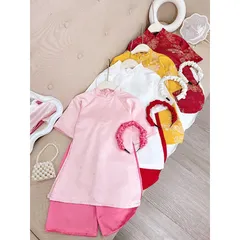 Áo dài cách tân bé gái, set 3ct áo dài cách tân lụa vân hoa HB kèm bờm cho bé 10-30kg