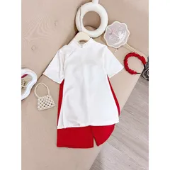 Áo dài cách tân bé gái, set 3ct áo dài cách tân lụa vân hoa HB kèm bờm cho bé 10-30kg