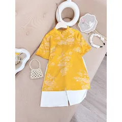 Áo dài cách tân bé gái, set 3ct áo dài cách tân lụa vân hoa HB kèm bờm cho bé 10-30kg
