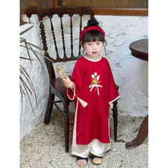 Áo dài cách tân bé gái, set áo dài lụa thêu và đắp hoa hồng TẶNG bờm tóc cho bé 10-20kg