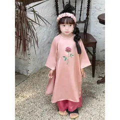 Áo dài cách tân bé gái, set áo dài lụa thêu và đắp hoa hồng TẶNG bờm tóc cho bé 10-20kg