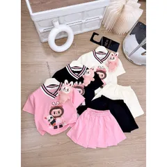 Váy bé gái, set áo cotton cổ tim phối chân váy xếp ly TẶNG KÈM GẤU LABUBU cho bé 10-30kg