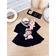 Váy bé gái, set áo cotton cổ tim phối chân váy xếp ly TẶNG KÈM GẤU LABUBU cho bé 10-30kg