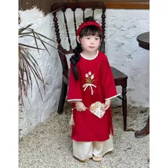Áo dài cách tân bé gái, set áo dài lụa thêu và đắp hoa hồng TẶNG bờm tóc cho bé 10-20kg