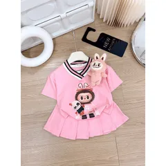 Váy bé gái, set áo cotton cổ tim phối chân váy xếp ly TẶNG KÈM GẤU LABUBU cho bé 10-30kg