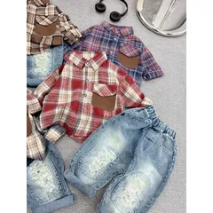 Quần áo bé trai, set bộ áo sơ mi kẻ to phối quần Jean cho bé 10-30kg