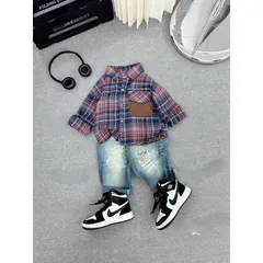 Quần áo bé trai, set bộ áo sơ mi kẻ to phối quần Jean cho bé 10-30kg