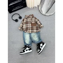 Quần áo bé trai, set bộ áo sơ mi kẻ to phối quần Jean cho bé 10-30kg