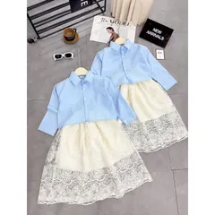 Váy bé gái, set áo sơ mi dài kèm chân váy ren cho bé 12-30kg
