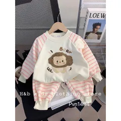 Quần áo thu đông bé gái, set bộ quần áo dài tay chất da cá thêu đắp gấu giáp lăng kẻ cho bé 8-22kg