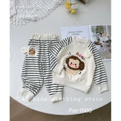 Quần áo thu đông bé gái, set bộ quần áo dài tay chất da cá thêu đắp gấu giáp lăng kẻ cho bé 8-22kg