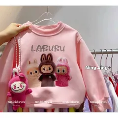 Đồ thu đông bé gái, áo nỉ 2 da dài tay họa tiết Labubu cho bé 10-30kg