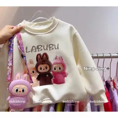 Đồ thu đông bé gái, áo nỉ 2 da dài tay họa tiết Labubu cho bé 10-30kg