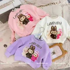 Đồ thu đông bé gái, áo nỉ 2 da dài tay họa tiết Labubu cho bé 10-30kg
